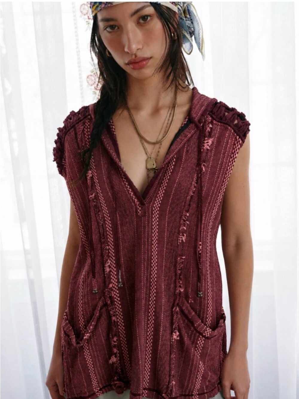Free People Maroon and Pink Hooded Tunic